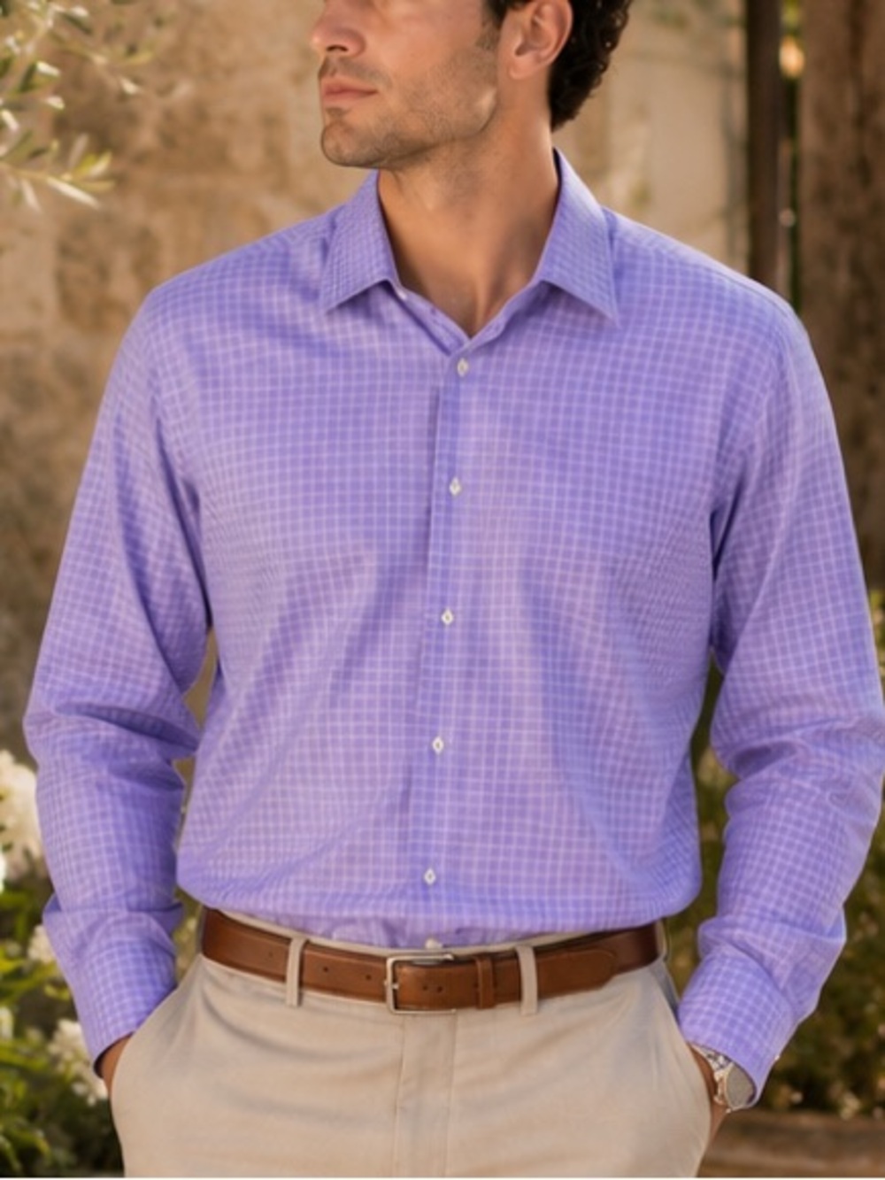 David Donahue 100% Cotton Lavender Check Dress Shirt Trim Fit 17.5